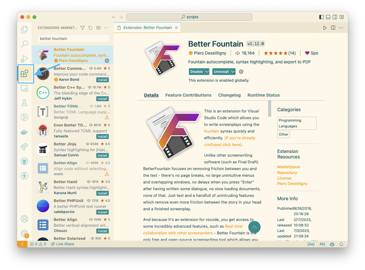 a screenshot of a searching for the better fountain extension in VS Code
