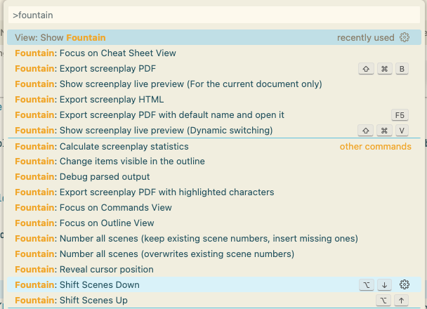 a screenshot of the command palette with fountain typed in