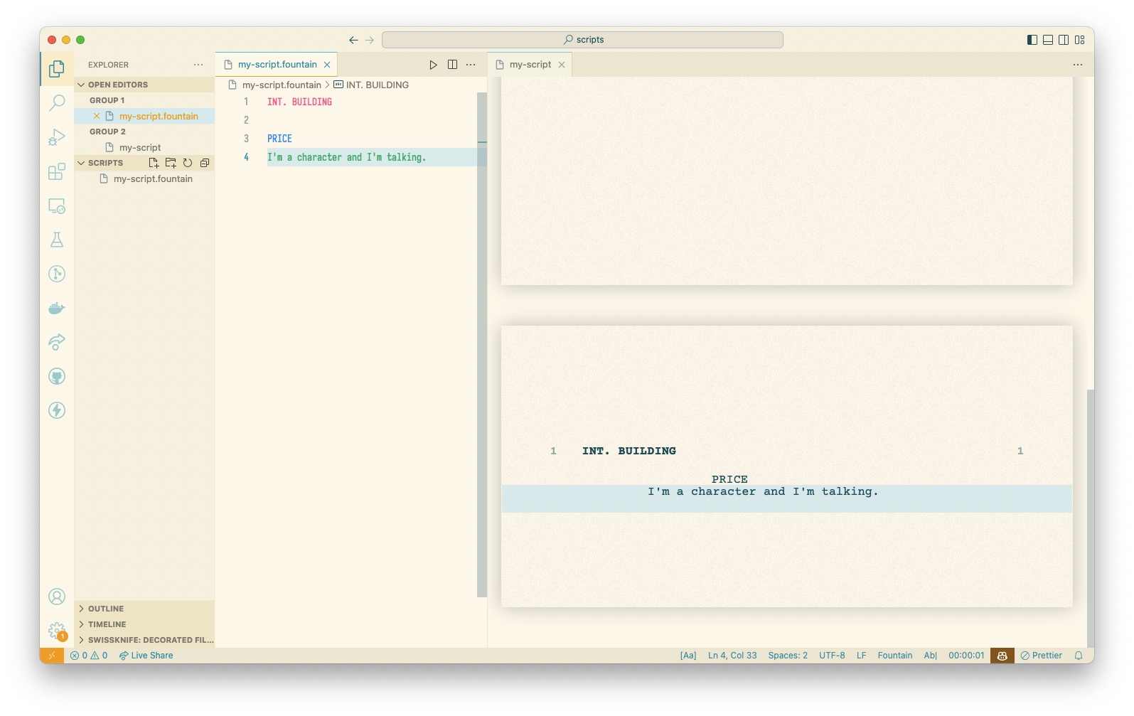 a screenshot of the VS Code with a live preview of the fountain script